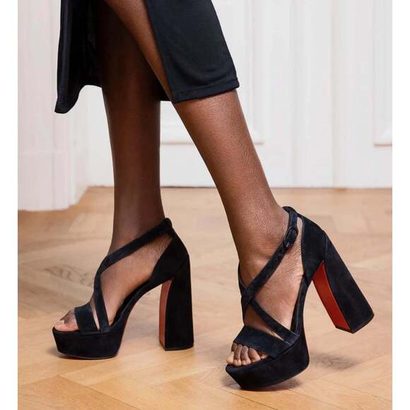 Christian Louboutin Movida Sandal 130 Black Suede Platform Block Heel Pump 39.5 - Picture 3 of 12
